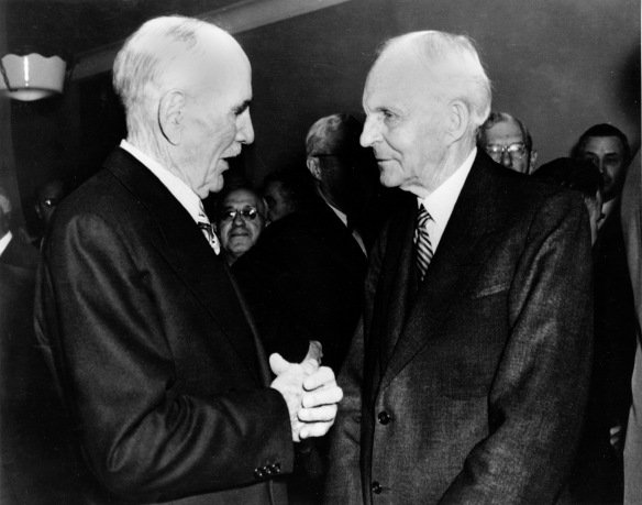 Automobile manufacturer Henry Ford, right, chats with Charles W. Nash, chairman of the board of directors of Nash-Kelvinator Corp., in Detroit, Mich., on May 28, 1946. Ford, 82, has been inducted into the Automobile Hall of Fame during the industry's golden jubilee celebration. (AP Photo)